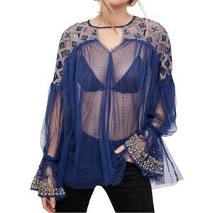 Free People Joyride Sheer Navy Bohemian Tulle Embroidered Top Size S